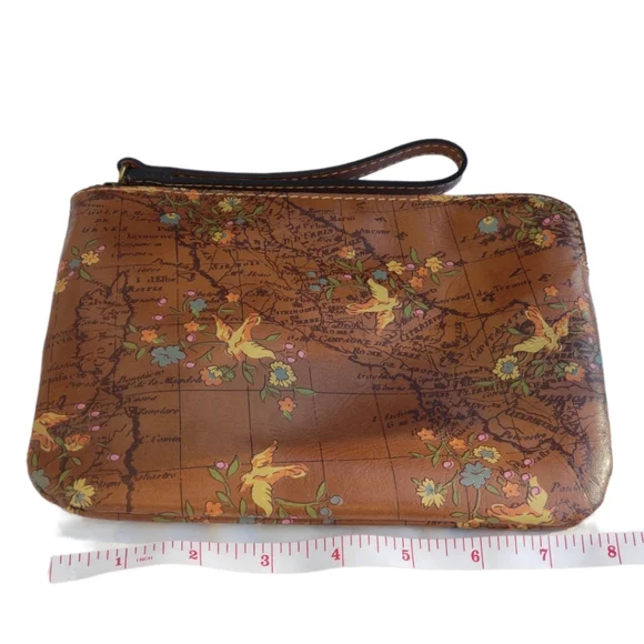 NWT Patricia Nash Cassini Wristlet Floral Map pattern Brown Leather w/strap - Picture 7 of 10